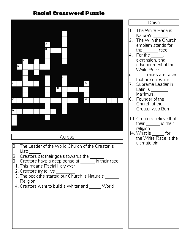 Racial Crossword Puzzle # 1